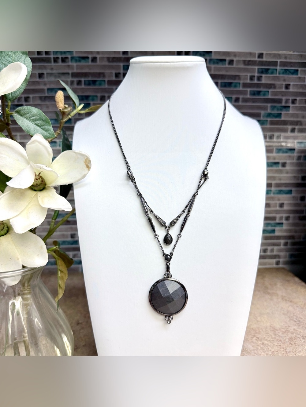 Gothic Renaissance Gunmetal Layered Crystal Y-Necklace